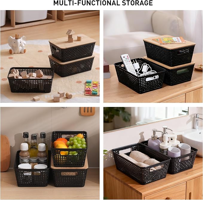 Storage Bins with Lids 6 Packs, Plastic Storage Bins with Bamboo Lids for Pantry Organization and Storage Containers for Shelves Drawers Desktop Closet Office Home, Black