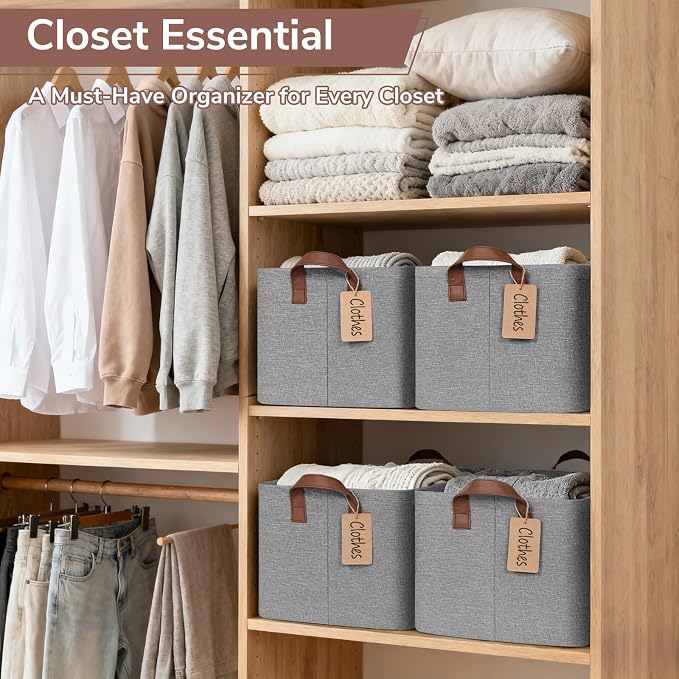 CHICVITA 4 Pack Large Foldable Storage Baskets for Shelves, Gray | 16.8 × 11 × 9.8 in, Metal Frame, Leather Handles, Clothes, Toys & Towels Storage, Nursery & Living Room Organization