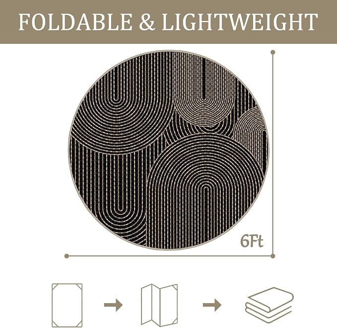 Faux Jute Outdoor Round Rug, 6ft Washable Indoor Outdoor Patio Rug, Black Non Slip Round Area Rug Farmhouse, Modern Carpet for Backyard Patio