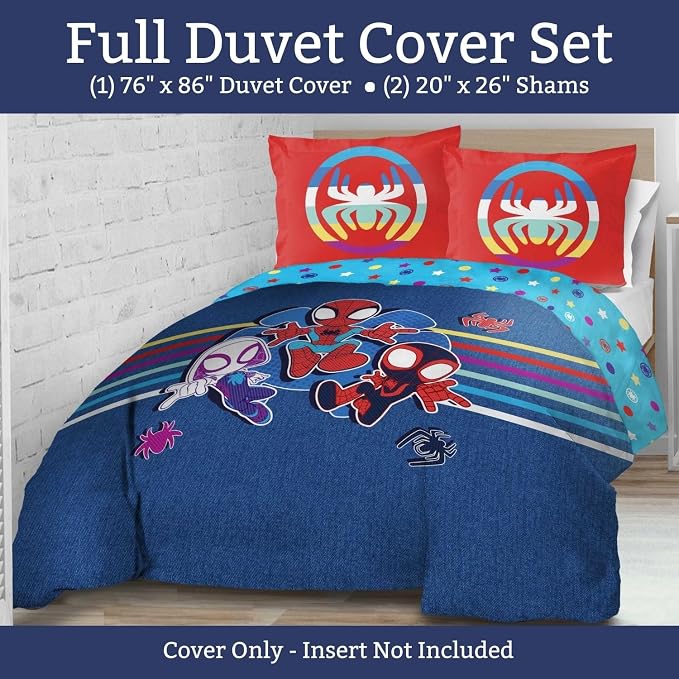 Jay Franco Duvet Cover Set – 3 Piece Comforter Cover and Sham Set, Super Soft Cozy Kids Bedding (Insert Not Included) Blue - Spidey & Friends, Full