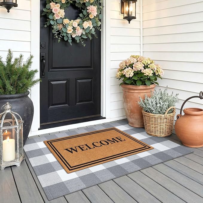 KOZYFLY Buffalo Plaid Area Rugs 2.3x3.6 Ft Grey and White Rug Washable Front Door Mat Woven Cotton Indoor Outdoor Rug for Front Porch Kitchen Entryway Patio Farmhouse Checkered Doormat