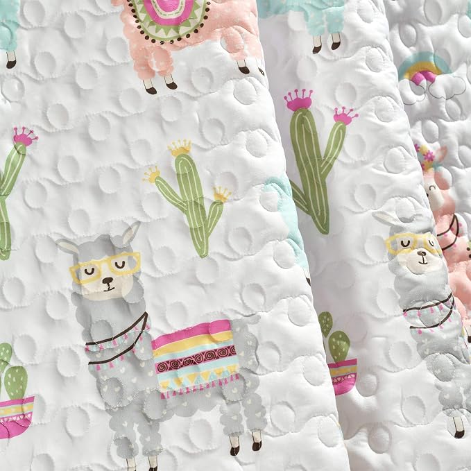 Lush Decor Southwest Llama Cactus Throw Blanket, 50" W x 60" L, White & Blush - Toddler Blanket - Cute Reversible Boho Quilted Throw for Kids Room