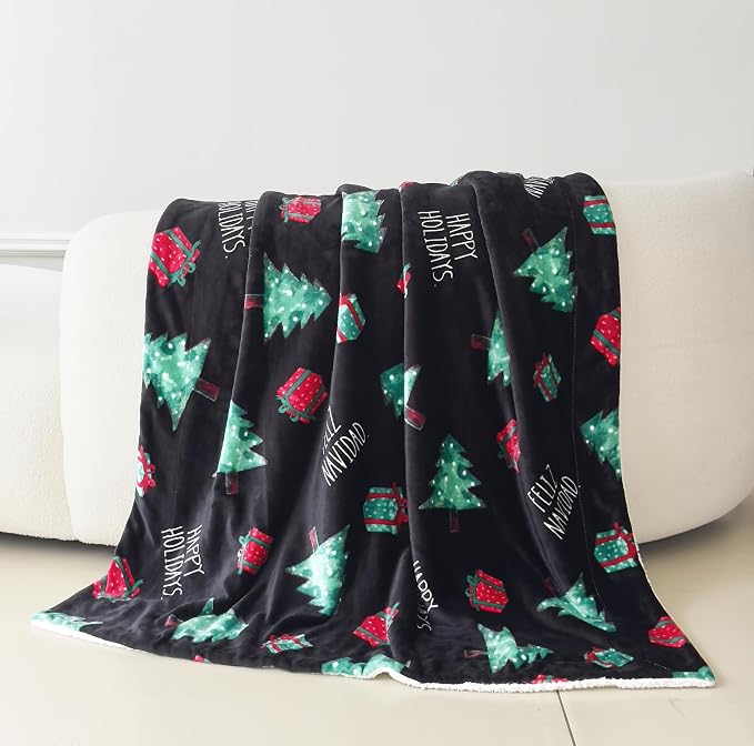 Elegant Comfort Reversible and Ultra-Plush Flannel Fleece-Winter Christmas Sherpa Throw- Lightweight Soft and Cozy-Holiday Decorative Throw, Perfect for Lounging, 50 x 60 inches, Feliz Navidad