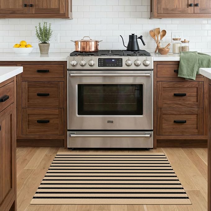 KOZYFLY Striped Rug 2x3 ft Brown and Black Stripes Doormat Cotton Woven Washable Indoor Outdoor Rug Front Door Mat for Entryway Porch Kitchen Patio Decor Small Area Rugs