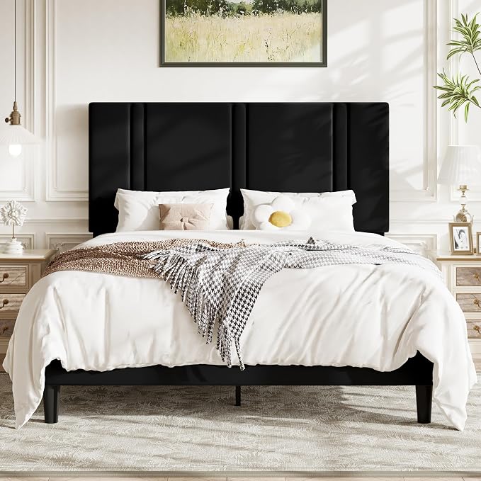 Allewie Full Size Platform Bed Frame with Adjustable Headboard | Plush Velvet Upholstered, Vertical Channel Tufted, Sturdy Wood Slats, No Box Spring Needed, Easy Assembly, Black