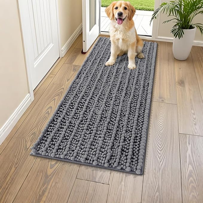 Smiry Dog Door Mat for Muddy Paws 47x20, Absorbent Dirt Trapper, Non-Slip Washable Chenille Entryway Rug for Inside Floor, Dark Grey, Layered Pattern