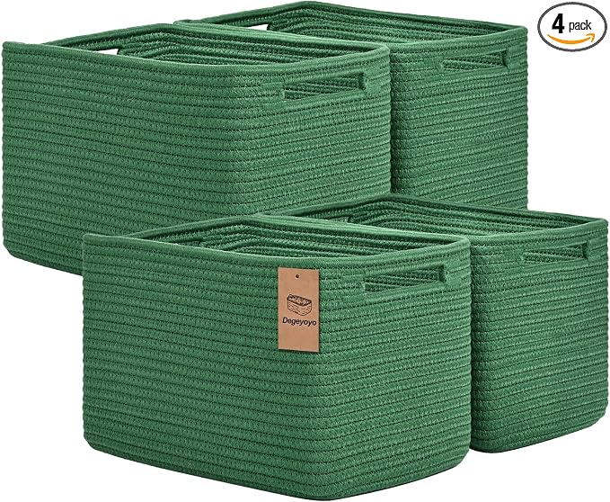 Storage Baskets for Organizing, 4 Pack Baskets for Shelves, Decorative Storage Bins for Shelves, Cotton Rope Storage Basket with Handles, Woven Basket for Storage, 13''Lx8.7''Wx7.9''H, Green