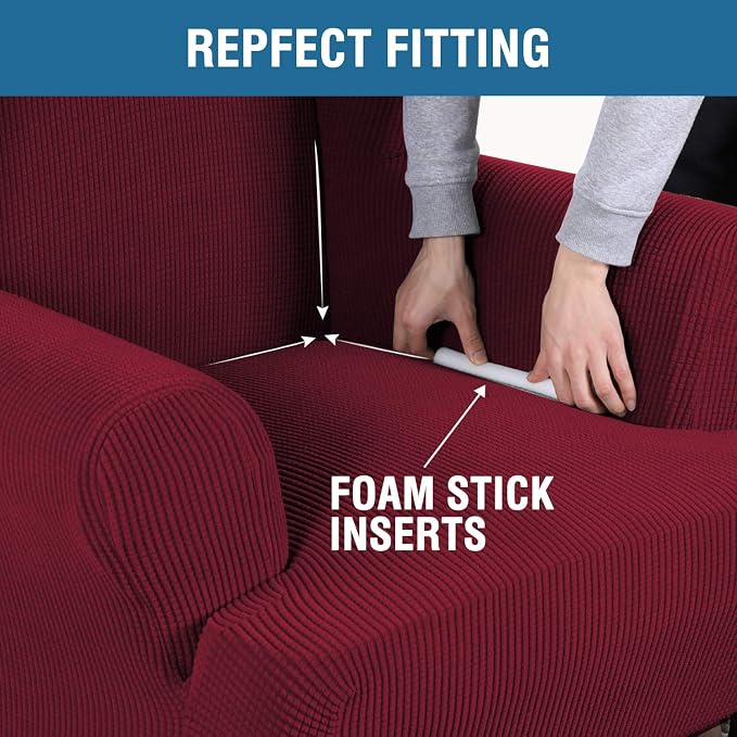 H.VERSAILTEX Wing Chair Slipcover Chair Covers for Wingback Chairs Wingback Chair Covers Slipcovers 1 Piece Stretch Sofa Cover Furniture Protector Soft Spandex Jacquard Checked Pattern, Burgundy Red