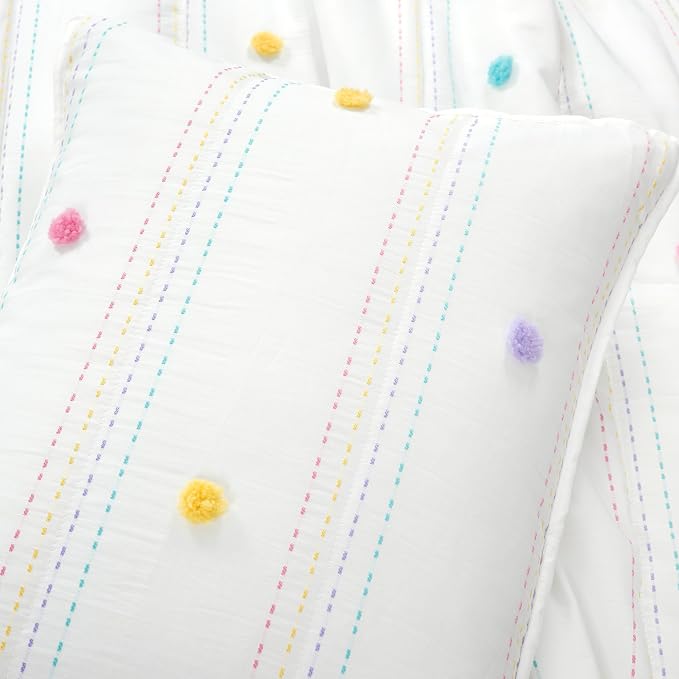 Lush Decor Rainbow Pom Pom and Stripes Quilt Set, 3 Piece Set, Full/Queen, White & Rainbow - Fun & Colorful Kids Bedding Set - Rainbow Quilt for Teen Dorm Decor - Striped Quilt - Girls Bedroom Decor