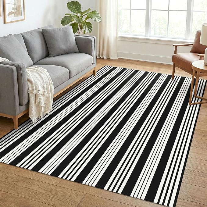 KOZYFLY Black White Rug 5x7 ft Area Rug Woven Washable Striped Rugs Cotton Farmhouse Indoor Outdoor Rugs for Living Room Bedroom Entryway Porch Patio Carpet
