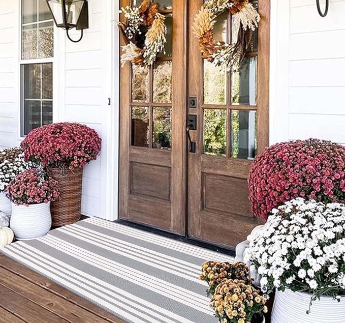 Grey and White Striped Rug 24'' x 51''Outdoor Front Porch Rug Hand-Woven Machine Washable Layered Door Mats for Entryway/Bedroom/Outdoor