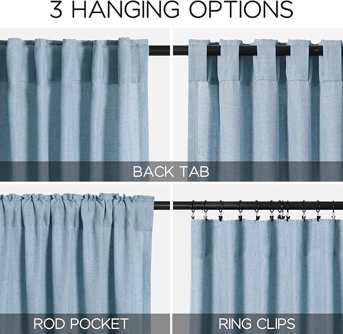 Nanspring Blue Boho Curtains for Bedroom Back Tab Rod Pocket Semi Sheer Linen Curtains 90 Inches Long 2 Panel Set Light Filtering Neutral Dusty Blue Farmhouse Drapes for Living Room 40x90 Inches