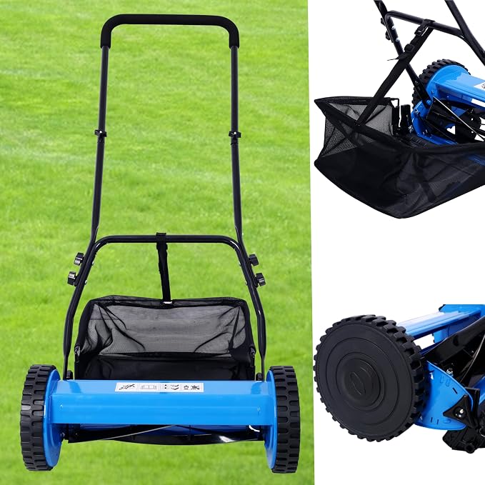 KEIKI 14-Inch Manual Lawn Mower, Push Reel Mowers w/Grass Catcher & Adjustable Cutting Height, 2-Wheels Small Lawnmower with 5 Steel Blades for Graden, Spaces Saving & Easy Assembly, Blue