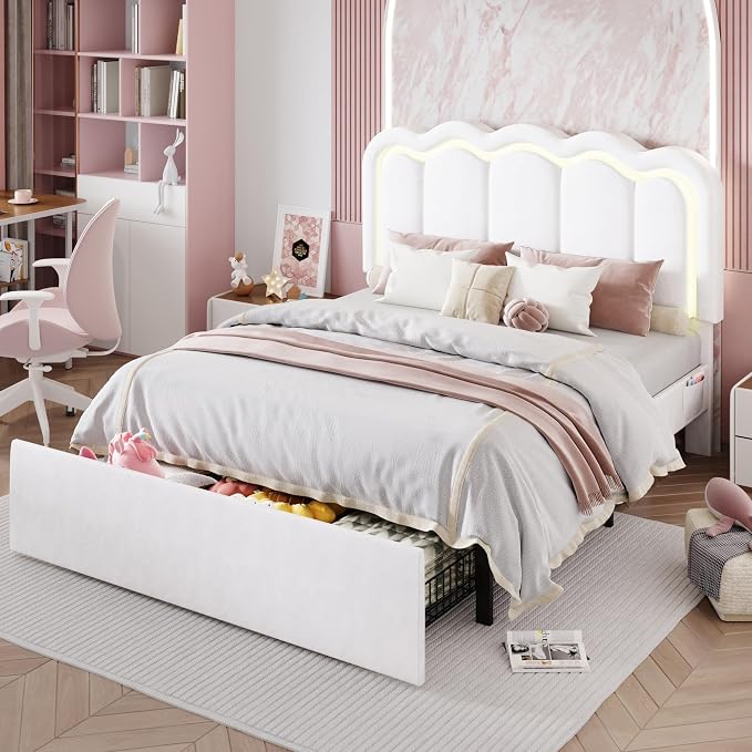 SHA CERLIN Full Size Bed Frame with LED Lights and Storage Drawer, White | Upholstered Velvet Platform Bed with Adjuatable Wavy Headboard, Noise-Free, Easy Assembly,No Box Spring Needed