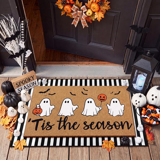 Tinideya 2 Pcs Halloween Layered Doormat Set, Cute Ghost Coir Doormat and Black White Striped Rug, Non Slip Fall Porch Decor for Entryway Patio Outdoor Decor
