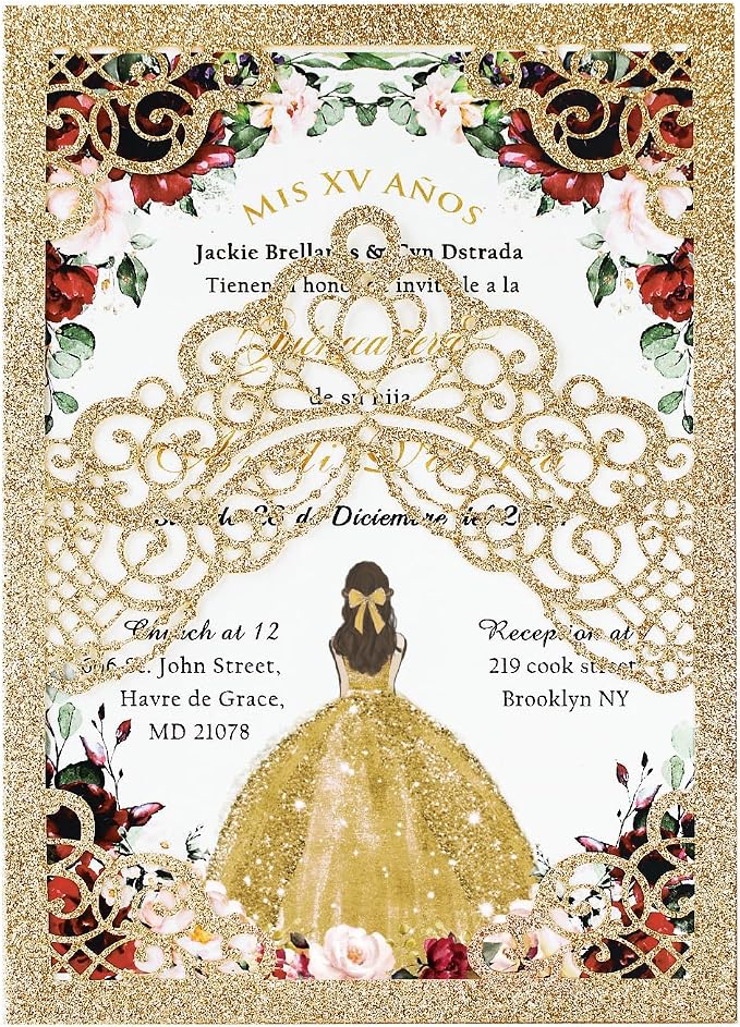 Hosmsua 50PCS Personalized Gold Glitter Quinceanera Invitations Kit, 5.1x7.3 Inch Laser Cut Floral Crown Pocket Quinceanera Invitation Cards with Envelopes for Birthday Quince Anos Invite