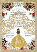 Hosmsua 50PCS Blank Gold Glitter Quinceanera Invitations with Envelopes, 5.1x7.3 Inch Laser Cut Floral Crown Pocket Invitation Cards for Quinceanera Birthday Quince Anos Invite