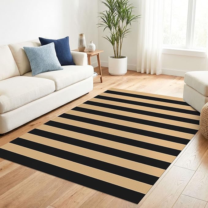 KILOCOCO Striped Rug 4x6 ft Washable Front Door Outdoor Rug, Brown Black | Cotton Front Porch Rug, Woven Living Room Rug, Low Pile Mat for Entryway, Layered Farmhouse Kitchen Patio Carpet