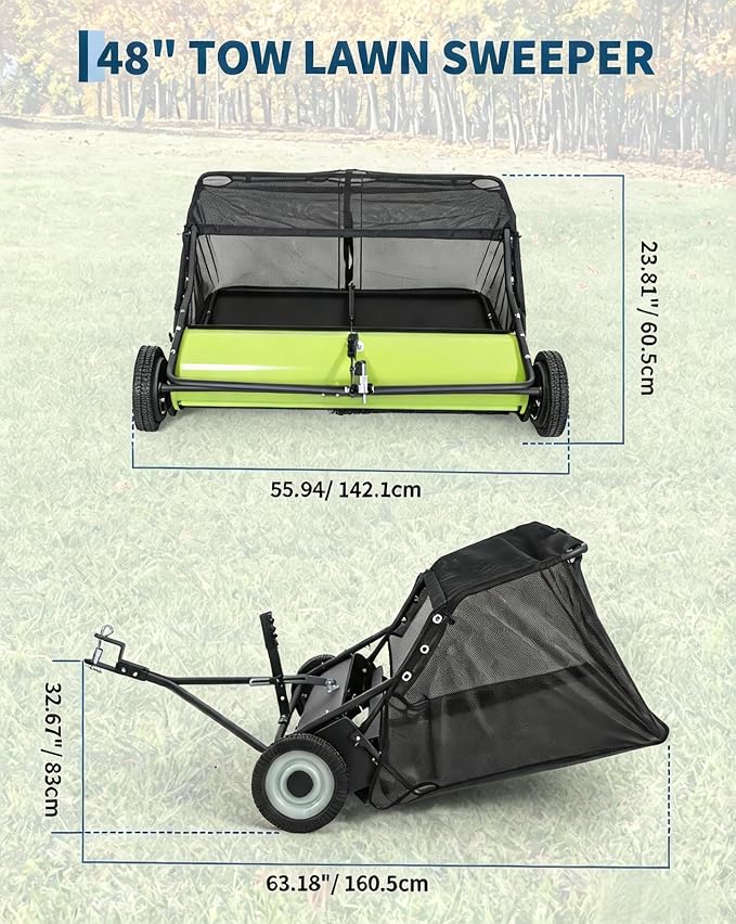 Garvee 48 in Lawn Sweeper Tow Behind, 26 Cu. ft Large Hopper Leaf & Grass Collector, Heavy Duty Pull Behind Yard Sweeper with Adjustable Sweeping Height for Yard, Lawn, Farm | Leaf & Grass Collector,Heavy Duty Pull Behind Yard Sweeper with Adjustable S...