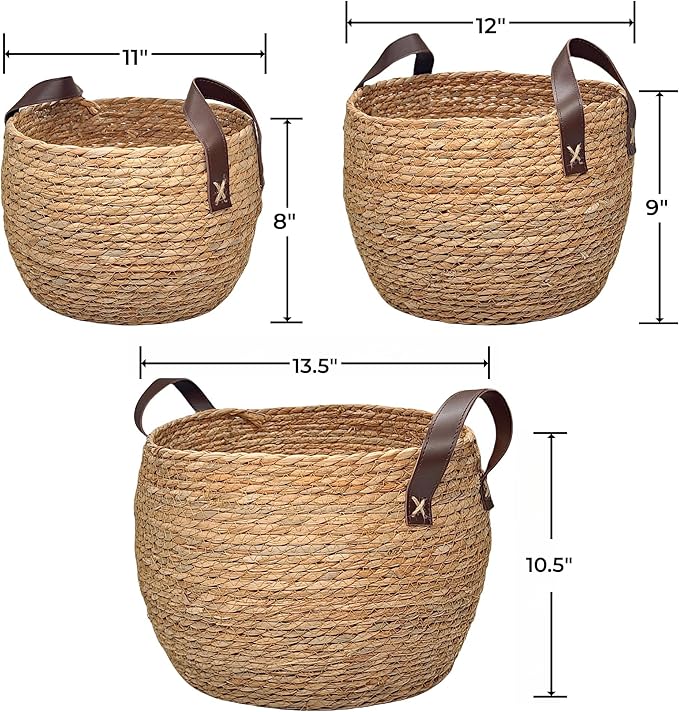 GIB Round Seagrass Storage Baskets Woven Wicker Planter Baskets for Decor | Decorative Basket for Blankets, Plants, Shelves Organizing, Natural Rattan, Leather Handles, 13", 12" & 11", Set of 3