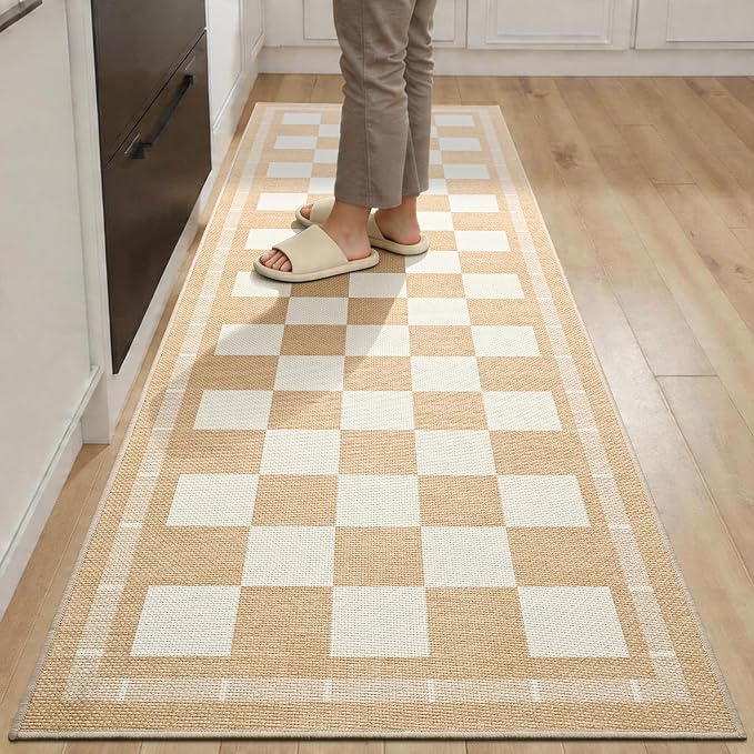 Vasofe 2x6 Runner Rug for Hallway, Checkered Jute Runner Rugs, Washable Rug | Outdoor Indoor Patio Porch Balcony Bedroom Kitchen Laundry Geometric Mat, Non Slip Plaid Farmhouse Carpet, Khaki and White