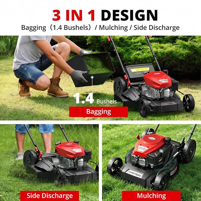 AMERISUN 21" 144cc 4-Cycle OHV Gas Push Lawn Mower,3-in-1 Walk-Behind Mower | Lightweight design with 6 height settings. Mulching, side discharge and rear bag system for backyard yard maintenance