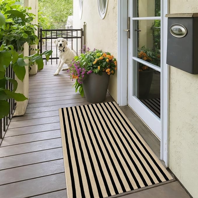 OJIA Outdoor Porch Rug Front Door Mat 24"x51", Black and Tan Striped Rugs | Washable Outdoor Rugs Front Door Rugs Cotton Woven Kitchen Rugs Small Area Rugs for Entryway/Patio/Outside Entrance Decor