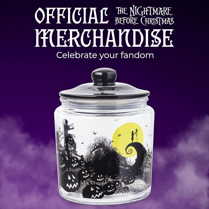 Silver Buffalo Disney The Nightmare Before Christmas, Glass Jar with Lid | Tim Burton, Moon Hill, Graveyard Scene, Jack Skellington and Sally, Cookie Snack Candy, Small Size