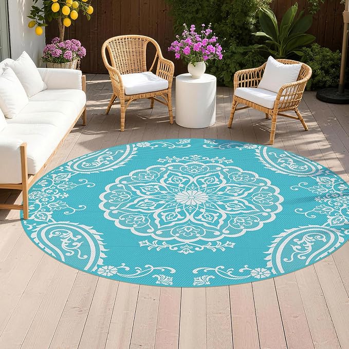 Pauwer Outdoor Rug 8ft, Waterproof Plastic Straw Camping Rug, Boho Teal | Reversible Patio Rug, UV Resistant Indoor Outdoor RV Mat Carpet For Deck, Camper, Porch, Balcony, Backyard, Picnic, Foldable