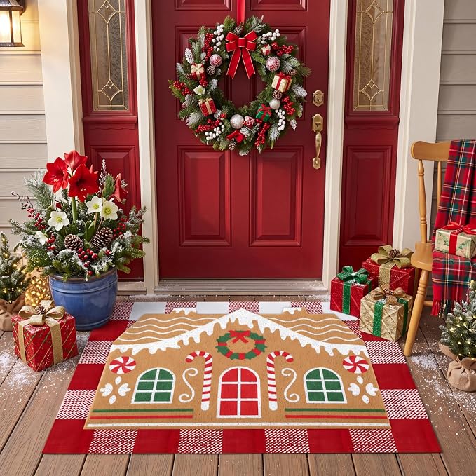 Tinideya 2 Pcs Door Mat Welcome Non Slip Coir Mats Floor Layering Doormats Seasonal for Front Porch Entryway Decor(Gingerbread House)