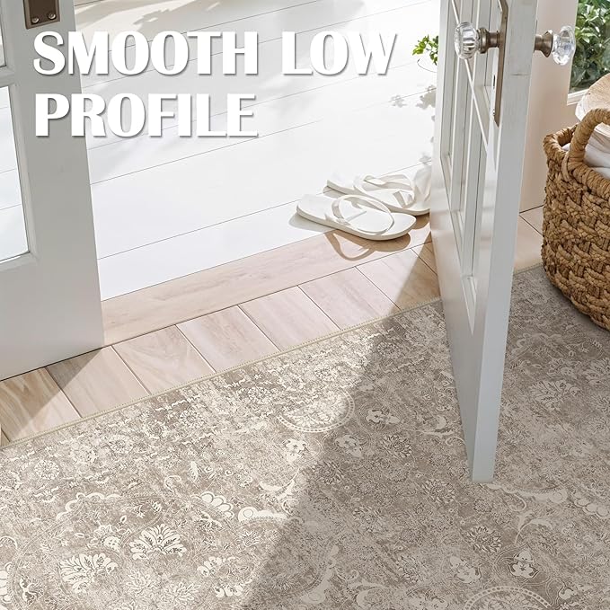 4x12 Washable Hallway Runner Rug - Wide Kitchen Runners Vintage Low Pile Carpet Soft Thin Floor Runner with Rubber Backing for Entryway Bedroom Living Room Home Decor (Beige)