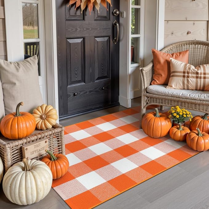 Collive Buffalo Plaid Checkered Outdoor Rug, White and Orange Halloween Fall Decor Door Mat, Washable 27.5x43 Inches Front Porch Rug, Layered Welcome Mat Doormat for Porch Entryway Patio Kitchen