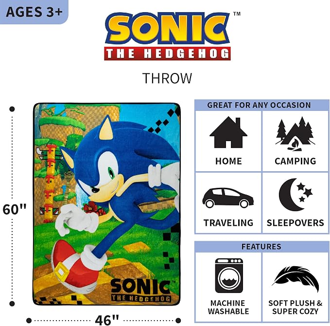 Franco Kids Bedding Super Soft Micro Raschel Throw, 46 in x 60 in, Sonic The Hedgehog, Anime