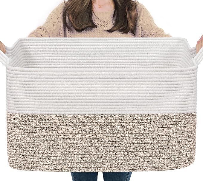 Goodpick 75L Extra Large Woven Storage Basket, 22" x 17" x 12", Light Brown | Rectangle Cotton Rope Basket, Blankets, Pillows & Toys Storage, Living Room & Bedroom Organization, Natural Home Decor