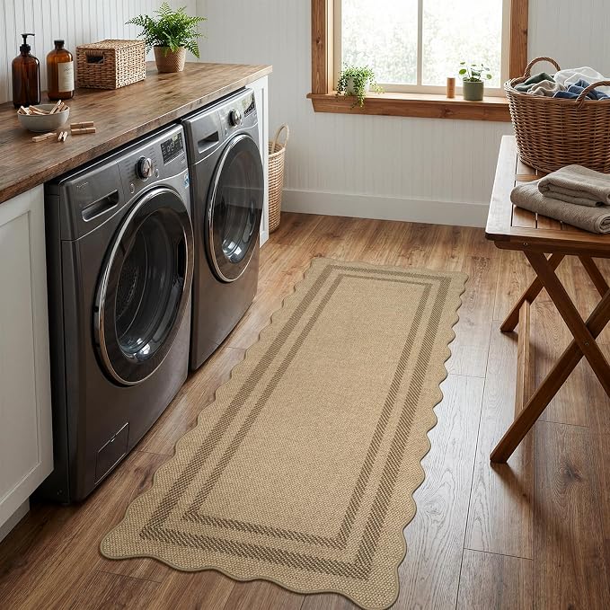 LIVEBOX Scalloped Easy Jute 2x5 Runner Kitchen Rug, Washable Non Slip Tan Rugs for Entryway Hallway, Indoor Outdoor Rug Geometric Farmhouse Carpet Door Mat Runners for Porch Bedroom Laundry Room
