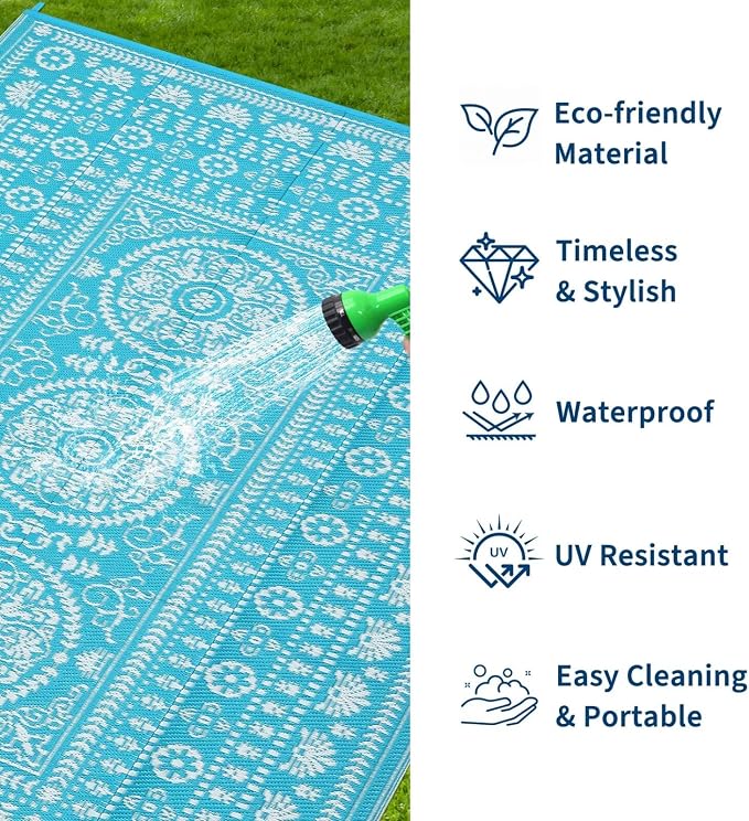 Garvee Reversible Outdoor Rug 5x8 for Patio, Waterproof Outdoor Area Rug, Boho Medallion Indoor Outdoor Carpet for Porch, Plastic Straw Rug for RV, Camping, Deck, Blue and White