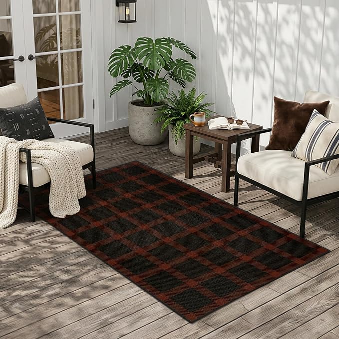3x4 Entryway Door Mat Indoor – Washable Non Slip Small Rug for Front Door, Kitchen Sink, Mudroom, Garage Entry, Low Profile Easy Clean Farmhouse Plaid Floor Mat