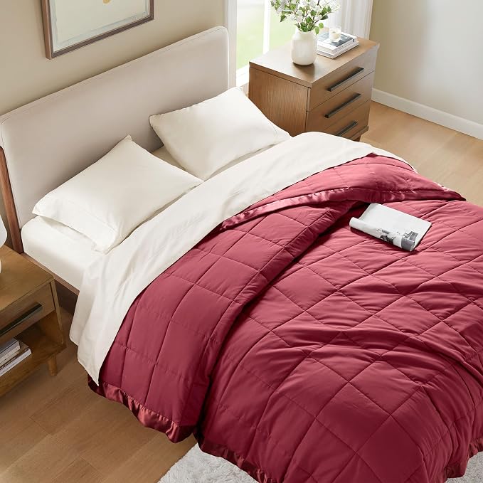 Madison Park Down Alternative Queen Blanket for Bed, Satin Trim, Burgundy | Lightweight Windom Blanket Full Size Premium 3M Scotchgard Moisture Wicking Treatment, OEKO TEX, Soft Bed Cover, All Season