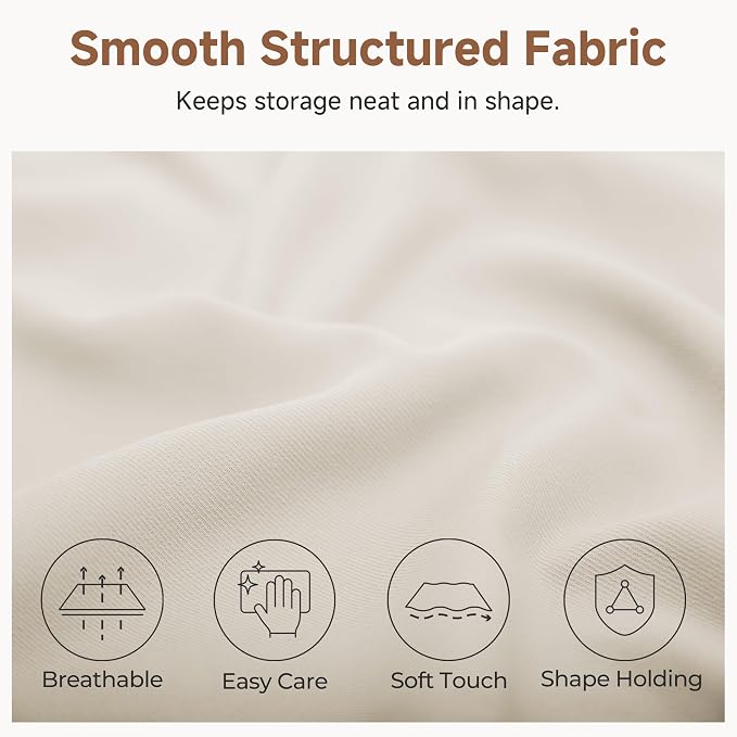 StorageWorks Fabric Storage Bins with Lids, Decorative Storage Bins with PU Handles, Foldable Storage Baskets for Closet, Shelves, Stackable and Sturdy Organization, Beige(Cotton Linen), Large, 3-Pack