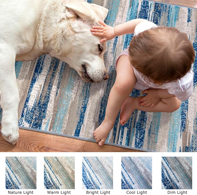 Lansny Modern Abstract 9x12 Large Machine Washable Living Room Rug Non-Slip Soft Bedroom Area Rug Blue Ultra Thin Print Faux Wool Carpet Throw Rugs for Nursery Playroom Dining Room Indoor Office