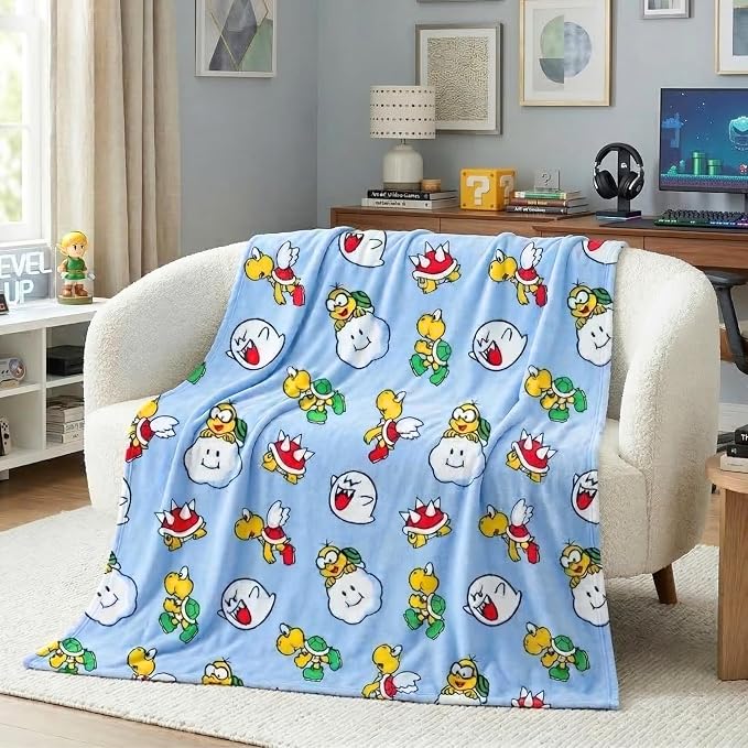 Super Mario Gaming Throw Blanket 70 in x 50 in – Kids Soft Cozy Plush for Couch, Bed & Travel, Featuring Lakitu, Spiny, Boo & Koopa (Officially Licensed Product) by Franco