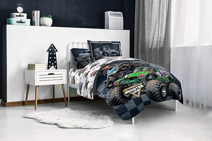Monster Jam Trucks Full Size Size Comforter Set 7 Piece Kids Bedding, Multi | Grave Digger Megalodon, Bed in a Bag, Comforter Sheets Shams Pillowcases, Soft Microfiber, Machine Washable, Boys Gift
