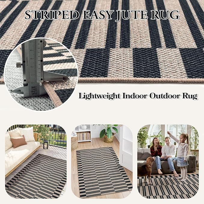 Lahome Striped Easy Jute Outdoor Patio Rug, 3x5 Washable Rugs for Porch | Indoor Living Room Area Rugs Non Slip Black, Modern Farmhouse Neutral Carpet for Entryway Backyard Bedroom Rv