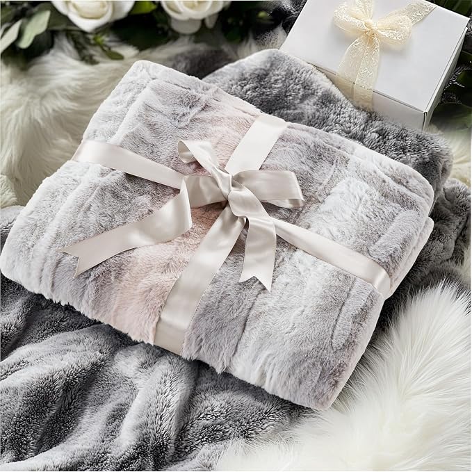 Madison Park Zuri Faux Fur Reversible Throw Blanket, 50 x 60 in, Blush/Grey | Oversized Soft Plush, Luxury, Animal Stripes, Mink Reverse, Modern, All Season, for Bed Sofa Couch, OEKO-TEX Certified