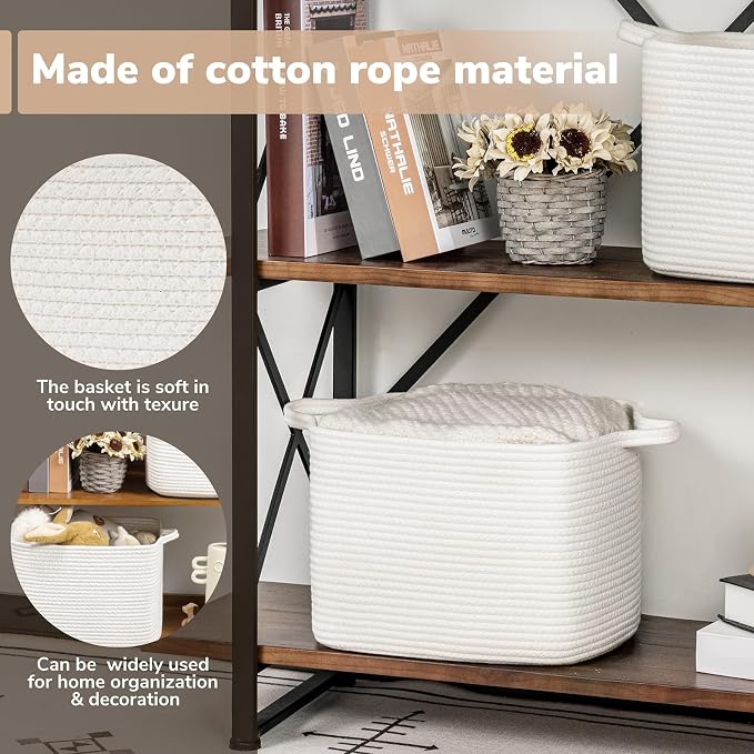 Goodpick Woven Rope Storage Basket with Handles, 13" x 10" x 9", White | Rectangle Basket for Books, Toys & Towels Storage, Shelf & Closet Organization, Living Room & Nursery Decor