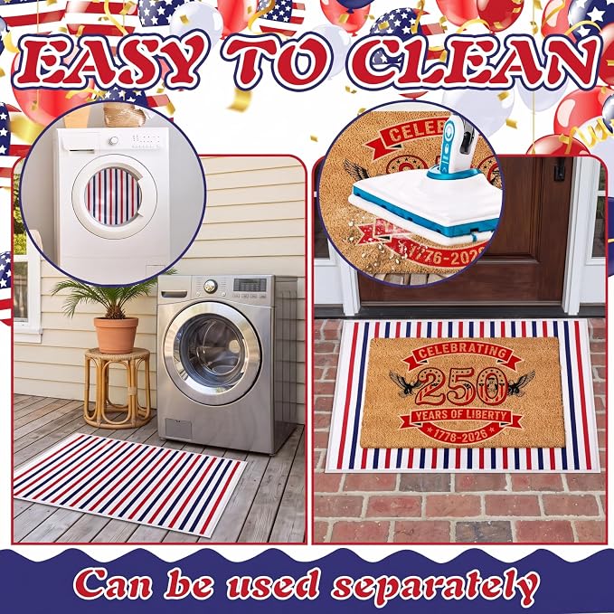 Moucuny 2 Pcs 4th of July Coir Door Mat Outdoor, Patriotic Non-Slip Decor