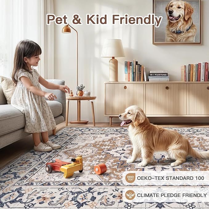 Lofus 10x14 Area Rugs for Living Room, Washable Area Rug, Big Rugs for Bedroom, Kitchen, Vintage Boho Carpet, Soft Non-Slip, Low Pile Large Area Rug for Office Dining Room, Floral Brown