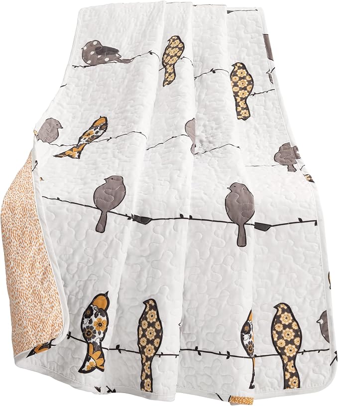 Lush Decor Rowley Birds Reversible Throw Blanket, 50" W x 60" L, Yellow & Gray - Throw Blankets for Bed - Couch Blanket - Farmhouse Throw Blanket for Couch