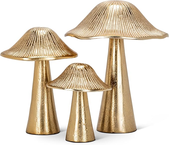 Abbott Collection Small Ribbed Mushroom | Burnished Gold Finish, Handcrafted in India, Aluminum, Gold, 4"H