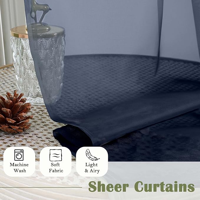 Lecloud Navy Blue Sheer Curtains 108 Inches Long 2 Pcs, Rustic Farmhouse Dual Rod Pocket Window Curtains for Living Room, Bedroom Decor Light Filtering Soft Airy Drapes, Each Panel 59" W x 108" L